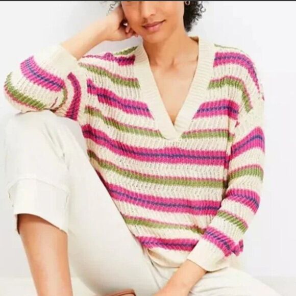 LOFT Women's Textured Knit Striped Sweater, XS, Preppy, Vibrant - Picture 1 of 7